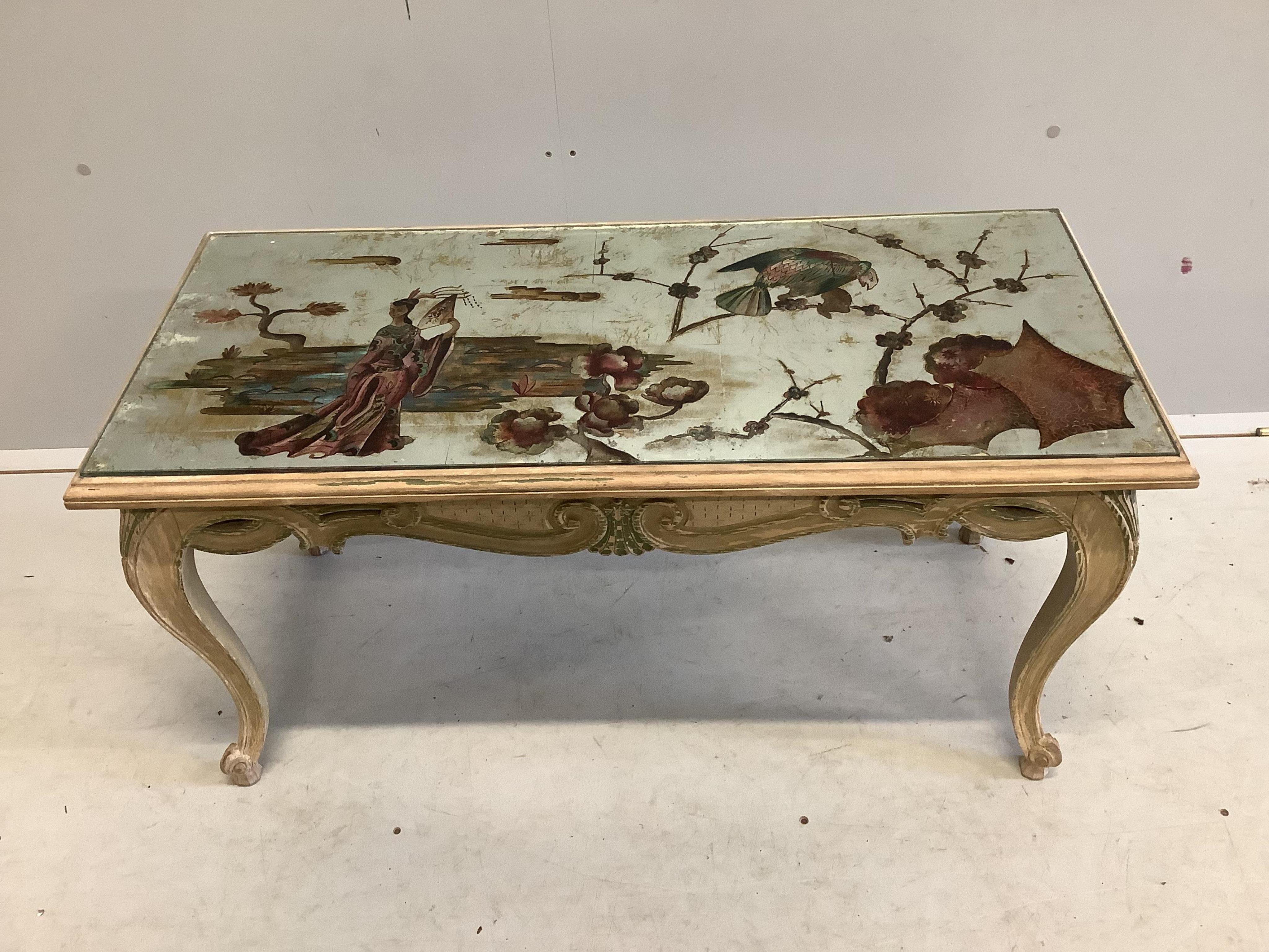 An 18th century style coffee table with reverse decorated chinoiserie top, width 93cm, depth 42cm, height 48cm. Condition - fair